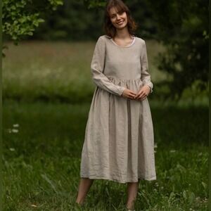 Son de Flor Women's Linen Midi Dress XS Beige Long Sleeve Button Casual Boho